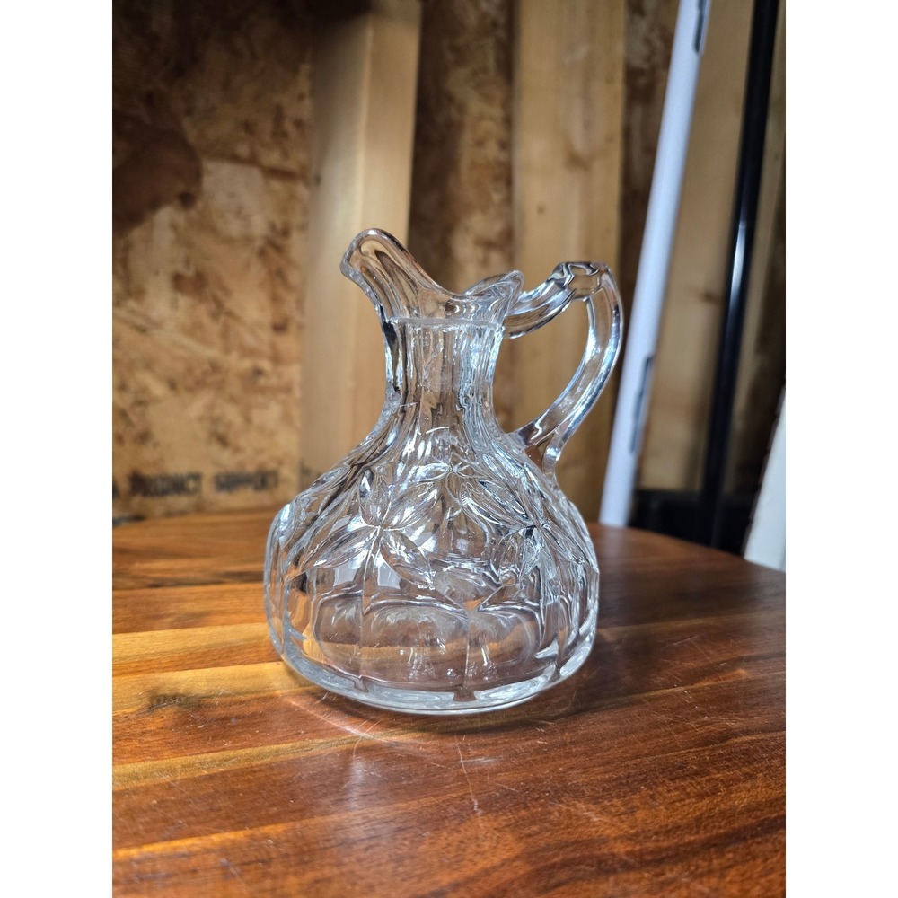 Vintage Clear Pressed Glass Mini Pitcher Creamer Starburst Diamond Pattern 5in